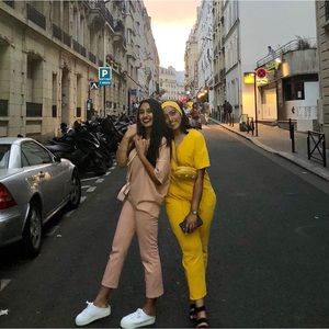 Zara Yellow Co-ord set with jogger pants and v neck top